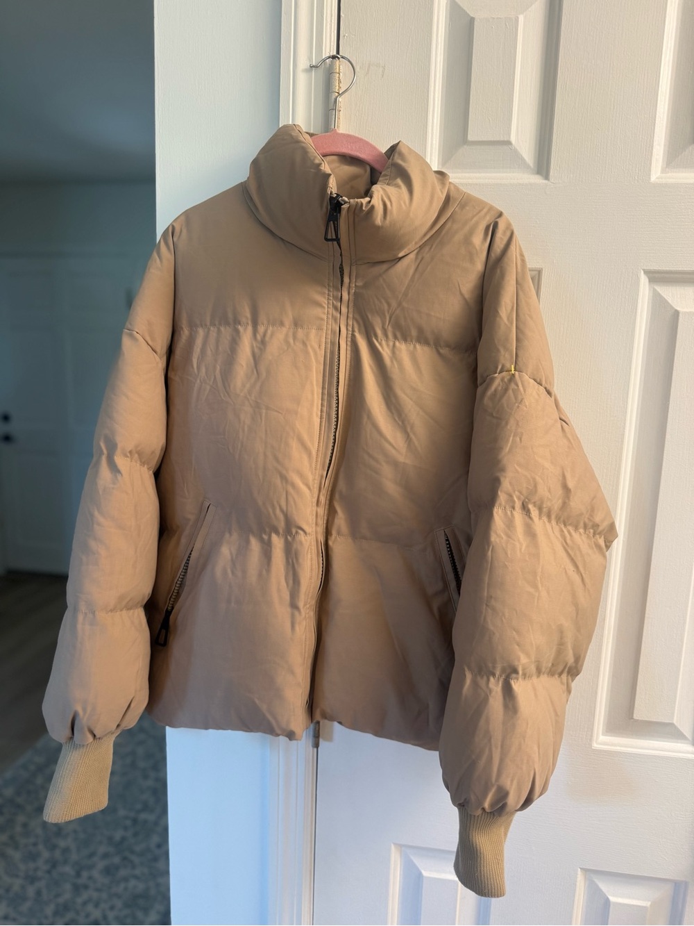Classic Tan Puffer Jacket with High Collar
